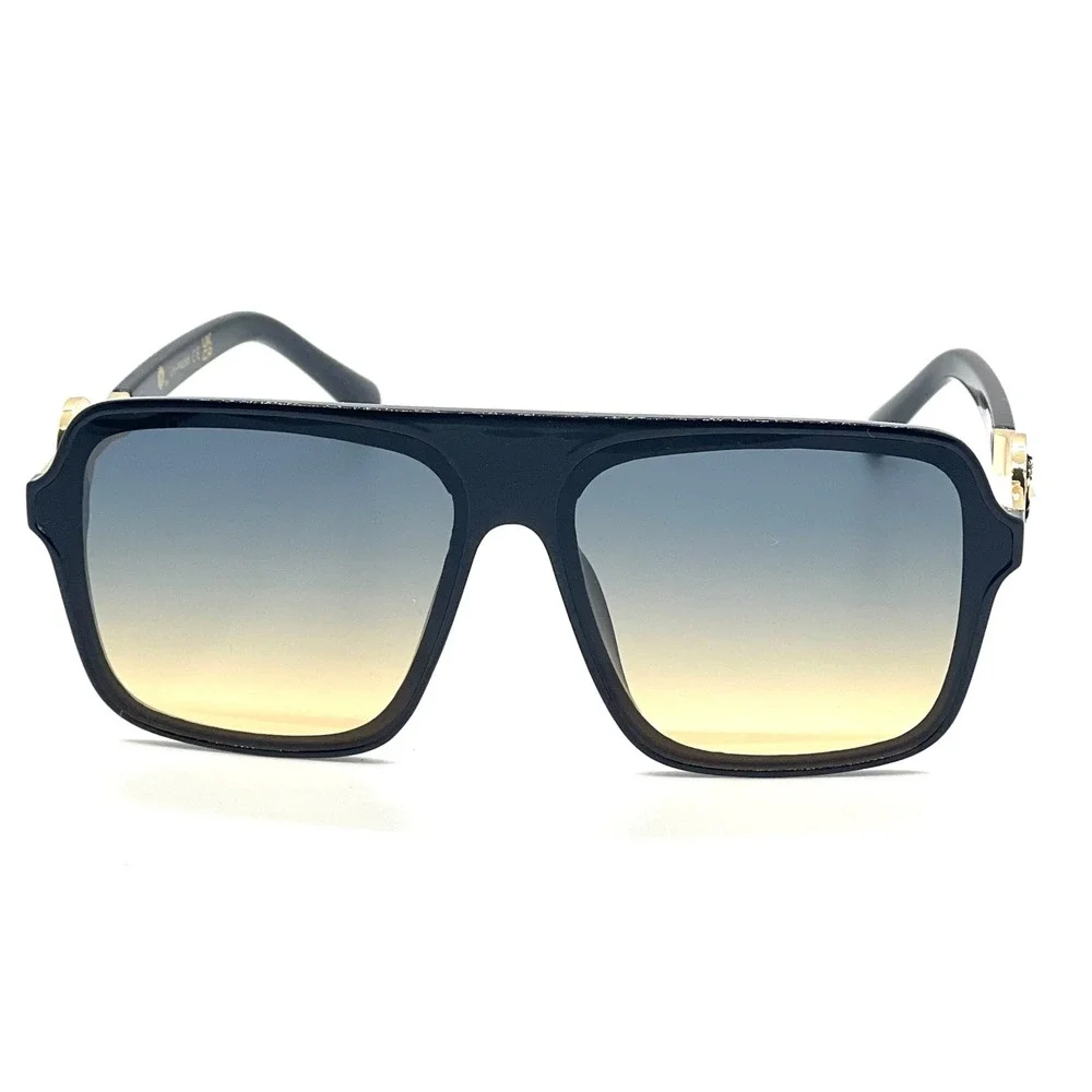 Mens Oversized Square Flat Top Sunglasses Black Gold Lion Head Gradient Green‎